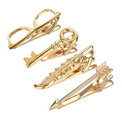 Yoursfs 4 Pcs Funny Tie Clips Set For Men Unique Stainless Steel Eye Glasses/Ruler/Pen/Mustache Tie Clips Personalized Jewelry - style: Skinny Tie Clips Set 4PCS