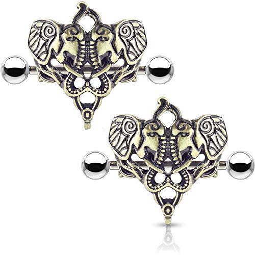 Two Elephants 316L Surgical Steel Nipple Shield Ring - style: 14 GA, Length: 14mm, Ball: 5mm, Antique Gold