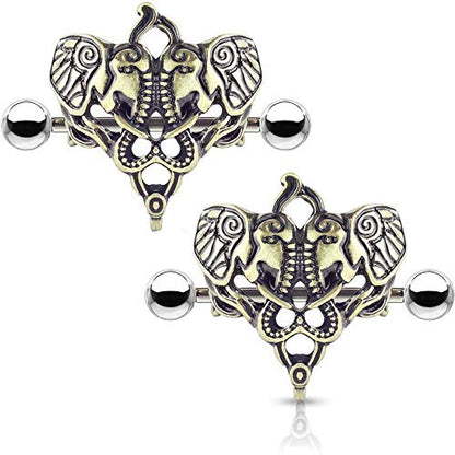 Two Elephants 316L Surgical Steel Nipple Shield Ring - style: 14 GA, Length: 14mm, Ball: 5mm, Antique Gold