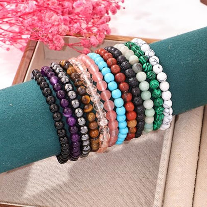 12Pcs Inspirational Beaded Bracelets, 6mm Natural Stone & Glass Beads, Elastic Stretch Bracelet Set with You're Awesome Message Cards, Handmade Healing Chakra Bracelets Bulk for Women Men, Birthday Christmas Friendship Gift