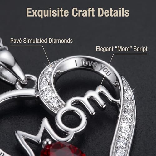 Mother's Day Heart Necklace and Earrings Set – Jewelry Set with Red Artificial Ruby Heart,Simulated Diamonds Accents & Mom Engraving –Gifts for Mom from Daughter or Son