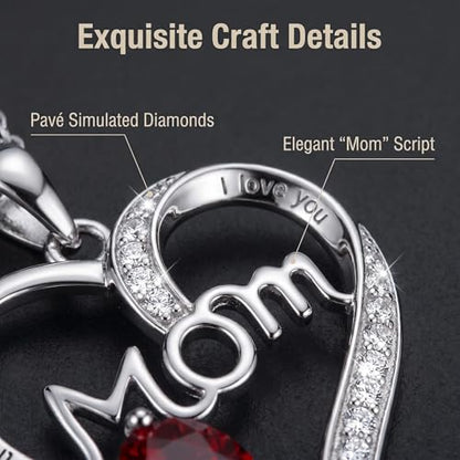 Mother's Day Heart Necklace and Earrings Set – Jewelry Set with Red Artificial Ruby Heart,Simulated Diamonds Accents & Mom Engraving –Gifts for Mom from Daughter or Son