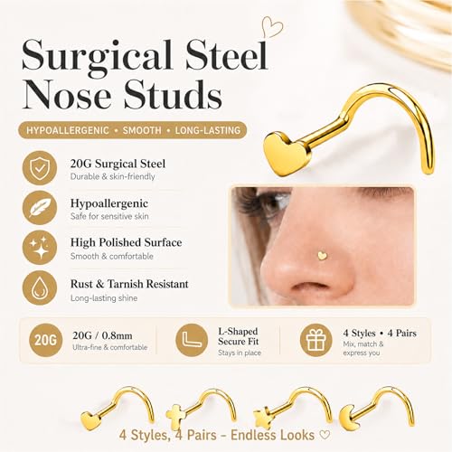 20G Nose Rings for Women, L Shaped Nostril Piercing Studs | 316L Stainless Steel, 0.8 mm×7 mm, 2 mm CZ or 3-4 mm Heart, Star, Moon and Cross, Gold-Tone or Silver-tone, Daily Wear - style: Gold Style A