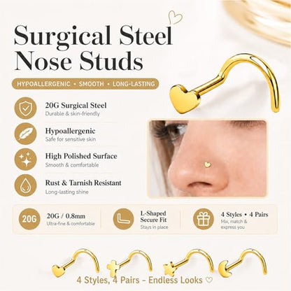 20G Nose Rings for Women, L Shaped Nostril Piercing Studs | 316L Stainless Steel, 0.8 mm×7 mm, 2 mm CZ or 3-4 mm Heart, Star, Moon and Cross, Gold-Tone or Silver-tone, Daily Wear - style: Gold Style A