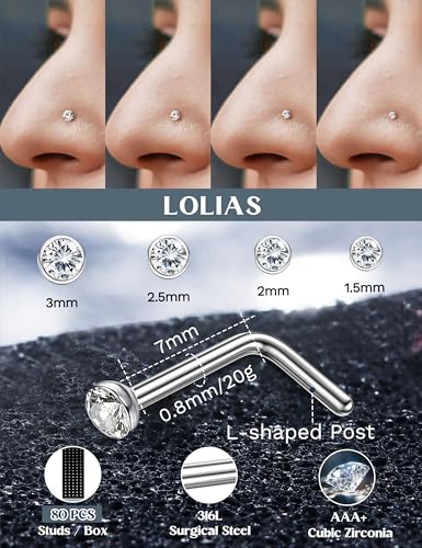 LOLIAS 80-160Pcs Surgical Steel Nose Rings Studs for Women Hypoallergenic | Straight or L Shaped Small Nose Studs Pin,Hypoallergenic 20G 22G Tiny Bone Nose Piercing Jewelry, 1.5/2/2.5/3 mm CZ Mix - color: 80Pcs 20G L shaped（white）