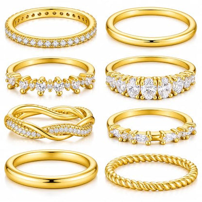 KISS WIFE Gold Stackable Rings for Women, 14K Gold Plated Ring Set | Smooth, twisted and sparkling band styles in sizes 6-9, designed to wear alone, mix together or create layered looks