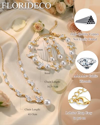 3Pcs 14K Gold Plated Pearl Bridal Jewelry Set for Women | Pearl necklace, drop earrings and bracelet set with cubic zirconia for bride bridesmaid wedding prom and party accessories - color: Gold Plated-CZ Leaf-Pearl