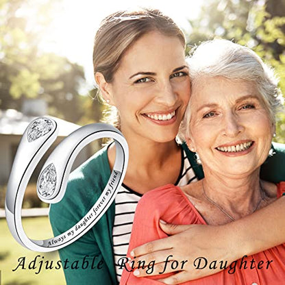 Fookduoduo 925 Sterling Silver Ring Inspirational Jewelry adjustable Wrap Open Rings for Women - style: Always my daughter forever my friend，CZ