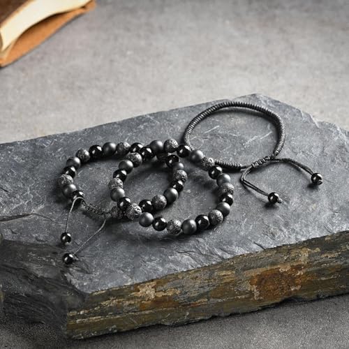 SAMXY Triple Protection Bracelet, 8mm Healing Crystal Bead Bracelet, 3pcs Blue Red Tiger's Eye Obsidian Hematite Bracelet Women Men - color: 3pc-obsidian