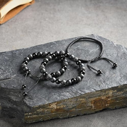 SAMXY Triple Protection Bracelet, 8mm Healing Crystal Bead Bracelet, 3pcs Blue Red Tiger's Eye Obsidian Hematite Bracelet Women Men - color: 3pc-obsidian