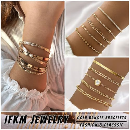 IFKM 6 PACK (24 PCS) Boho Gold Chain Bracelets Set for Women, 14K Gold Plated Multiple Layered Stackable Open Cuff Wrap Bangle Adjustable Link Italian Cuban Jewelry for Women Gift - style: 35 PCS Bangle Bracelets