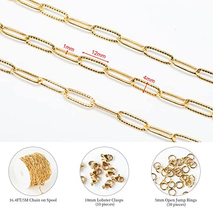 KYUNHOO 5M Gold Plated Stainless Steel Paperclip Chain for Jewelry Making | 12mm Paper Clip Link Chain Spool Embossed Jewelry Chains for Crafts with Lobster Clasps Jump Rings Accessories - color: Embossed Paperclip Gold