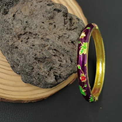 Cloisonne Bracelet For Women, Chunky Bangle Trendy Cute Flower Enamel Bangles Multi Tone Engraved Cuff Gold Plated Bracelets Stackable Wife Jewelry Friendship Gift - color: Dark Purple
