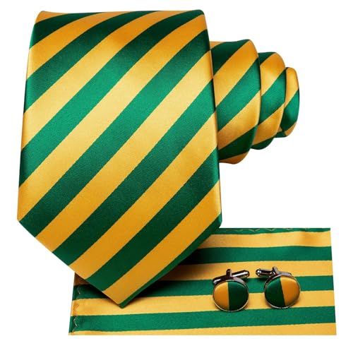 Dubulle Mens Paisley Striped Tie Woven Necktie for Men and Handkerchief Cufflinks Set Wedding Formal Business - color: Yellow Green