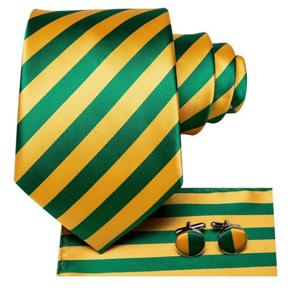 Dubulle Mens Paisley Striped Tie Woven Necktie for Men and Handkerchief Cufflinks Set Wedding Formal Business - color: Yellow Green