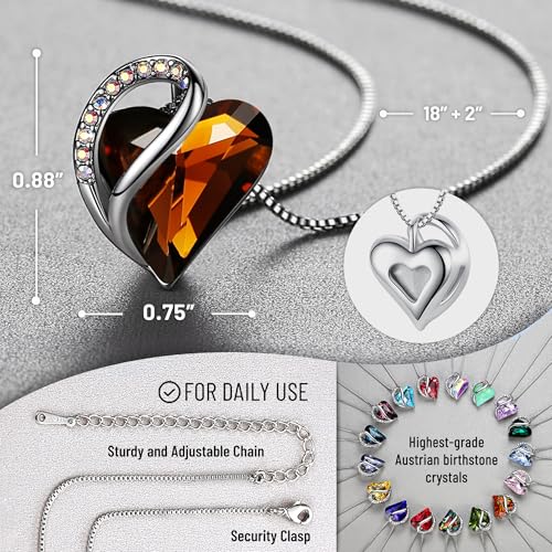 Leafael Gift Necklaces for Women, Infinity Love Birthstone Heart Crystal Pendant, Birthday Anniversary Jewelry for Wife, Mom, and Her, Silver Plated, 18" + 2" Adjustable Chain - color: 15-Stress Relief-Dark Topaz Brown
