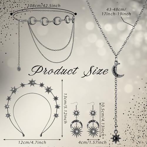 Glenmal 4 Pieces Celestial Jewelry Moon Stars Crown Necklaces and Body Chain Headband Drop Earrings for Women - color: Black