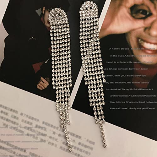 Luxval Rhinestone Earrings Dangling for Women Sparkly Silver Dangle Earrings Girls Long Chandelier Earrings Tassel Lightweight Ear Studs Cubic Zirconia Crystal Statement - color: Silver-Round Tassel Crystal