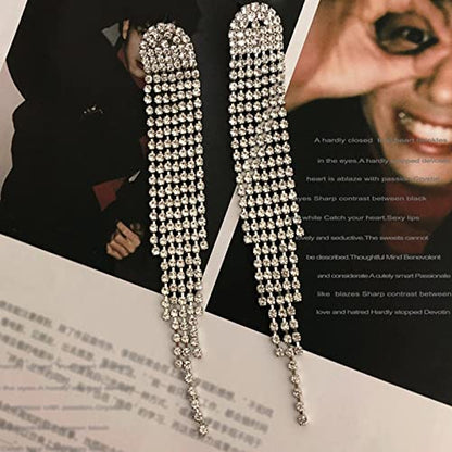 Luxval Rhinestone Earrings Dangling for Women Sparkly Silver Dangle Earrings Girls Long Chandelier Earrings Tassel Lightweight Ear Studs Cubic Zirconia Crystal Statement - color: Silver-Round Tassel Crystal