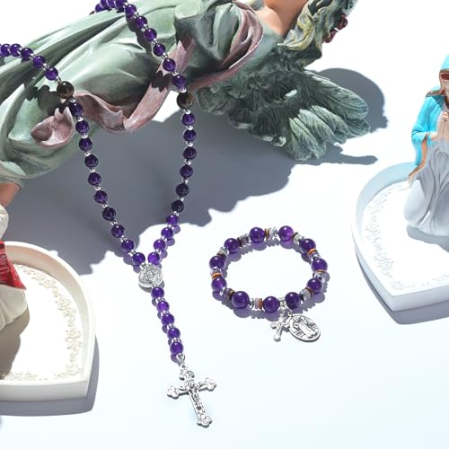 Rosary for Men Women, Natural Stone Beads with St. Benedict Bracelet | 8 mm Natural Stone Prayer Beads with 10 mm Accent Beads, St. Benedict Crucifix, Matching Bracelet, Gift Box and Pouch. - color: Purple