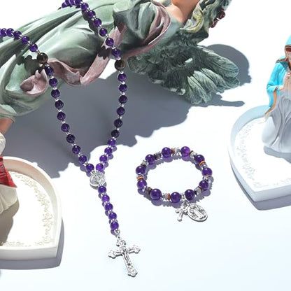 Rosary for Men Women, Natural Stone Beads with St. Benedict Bracelet | 8 mm Natural Stone Prayer Beads with 10 mm Accent Beads, St. Benedict Crucifix, Matching Bracelet, Gift Box and Pouch. - color: Purple