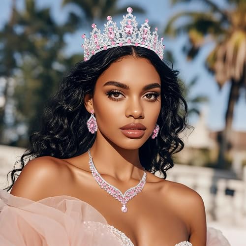 Crowns and Tiaras jewelry sets for Wedding princess birthday party Halloween Prom Pageant Jewelry for Women Crystal Bridal Jewelry Set for women - color: Silver Pink