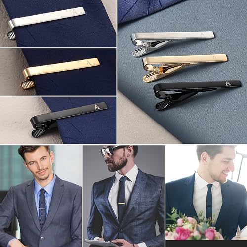 3Pcs Stainless Steel Tie Clips for Men Unique Gold Tie Bar Pin Tack Set | 3 Pcs Elegant Personalized Classic Letter Tie Clips for Men, Silver and Black Tone