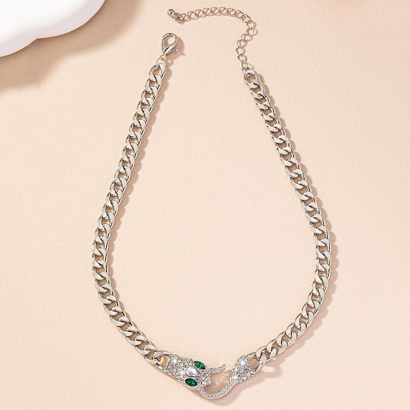 Punk Animal Snake Choker Necklace Hip Hop Rhinestone Snake head Cuban Link Chain Necklace Chunky Cuban Chain Crystal Jewelry for Women Gifts - color: Style B Silver