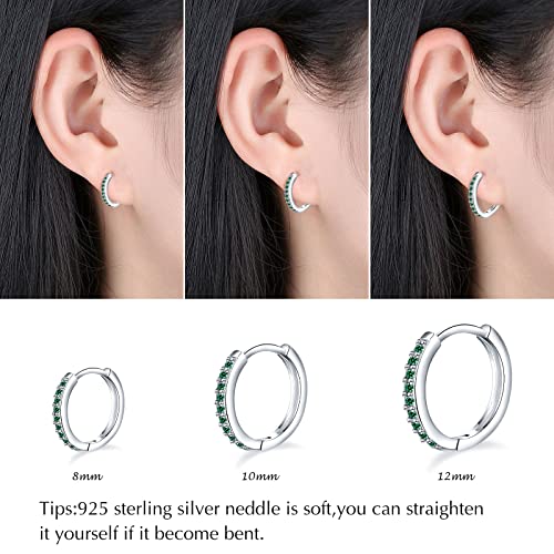 3 Pairs 925 Sterling Silver Small Hoop Earrings for Women Men | Cubic Zirconia, 14K White Gold Plated Huggie Hoop Earrings, Hypoallergenic - style: R-green cz 8/10/12mm