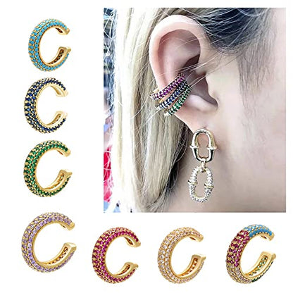 Ear Cuffs for Women - CZ Paved Hoop Conch Cuff Earrings for Men - Sparkle Rhinestones Clip On Wrap Earrings Non Pierced - color: Rosegold-colorful stones