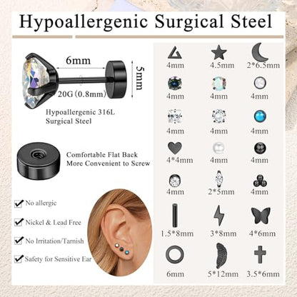 Jstyle 21Pairs Hypoallergenic Flat Back Stud Earrings for Women, Tiny Studs | Surgical Stainless Steel Flatback Earrings, CZ Butterfly Heart Small Stud Earrings Set, Screw Back Cartilage Piercing Jewelry - color: Black