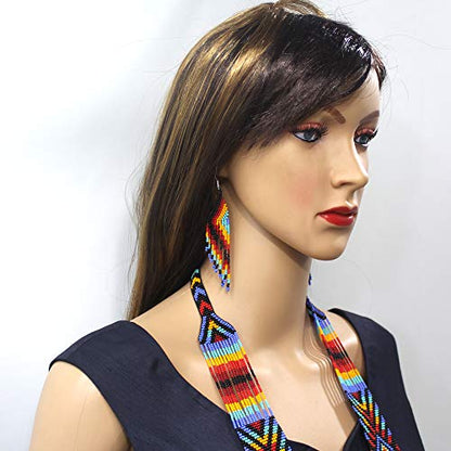 Handmade Beaded Indian Necklace,Inspired by Native American Style Long Necklace Earrings Set,One of a Kind beaded Necklace for Women,Perfect for Occasions, Gifts - color: Rainbow
