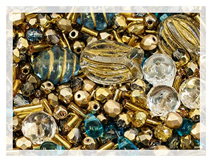 2.1oz (60 g) Mix of Unique Czech Bohemia Glass Pressed Beads, Rocailles, Aztec Pale Gold Crystal, Matte and Glossy, Hand Made BCV - color: Aztec Pale Gold Blue