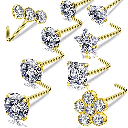 14k Gold Plated 316L Surgical Steel 22g/20g/18g Nose Rings Studs L-Shape Bone Screw Nostril Piercing 1.5mm 2mm 2.5mm 3mm 3.5mm 4.5mm CZ Nose Studs for Women - color: 20g 9pcs L Gold 316L Surgical Steel