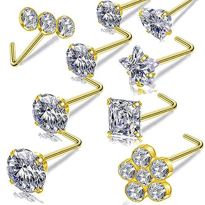 14k Gold Plated 316L Surgical Steel 22g/20g/18g Nose Rings Studs L-Shape Bone Screw Nostril Piercing 1.5mm 2mm 2.5mm 3mm 3.5mm 4.5mm CZ Nose Studs for Women - color: 20g 9pcs L Gold 316L Surgical Steel