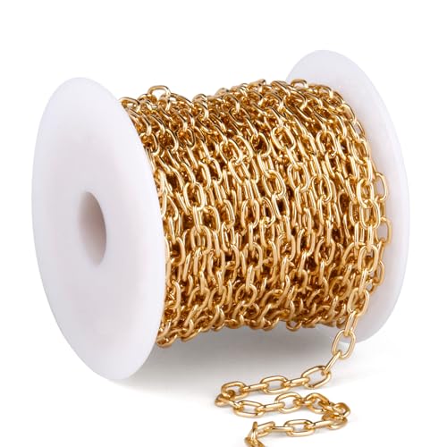 33FT 4MM Gold Rolo Cable Chain Roll Bulk for Jewelry Making DIY Craft | Light Weight Gold Plated Aluminium Cable O Link Chains Spool for Necklace Bracelet - color: Gold Color, size: 4mm width