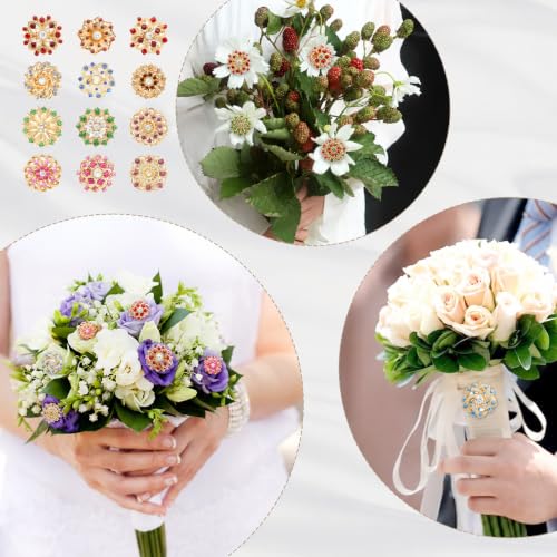 12Pcs Crystal Rhinestone Flower Brooch Pins Set, Wedding Brooches For Women - color: Multicolor