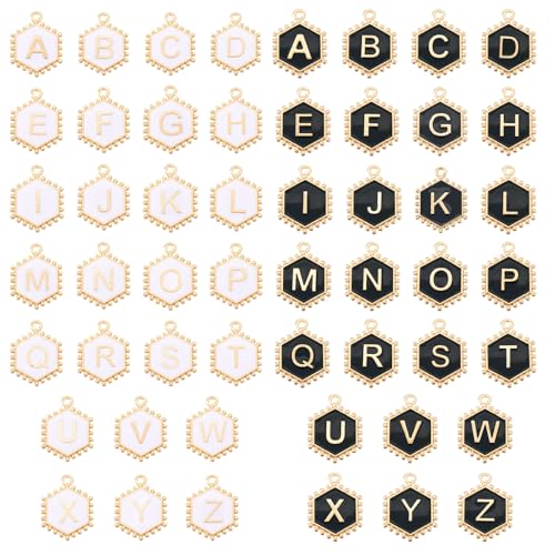 Cheriswelry Letter Alphabet Charm for Jewelry Making Initial Letter A-Z Pendants Flat Round Hexagon Alloy Enamel Charms for Necklace Bracelet Earring Jewelry Making DIY Craft - color: Black&White