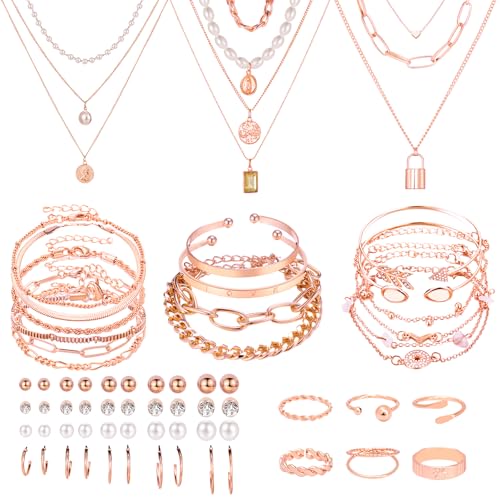 NEWITIN 49 Pieces Gold Jewelry Set for Women Fashion Costume Jewelry Gold Plated Necklace Bracelet Ring Earrings Set for Women - color: Rose Gold Jewelry Set