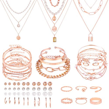 NEWITIN 49 Pieces Gold Jewelry Set for Women Fashion Costume Jewelry Gold Plated Necklace Bracelet Ring Earrings Set for Women - color: Rose Gold Jewelry Set