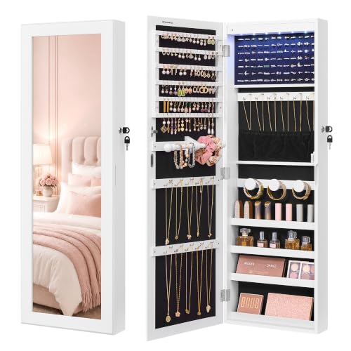 SONGMICS Jewelry Cabinet, Wall or Door Mounted Armoire with Full Length Mirror, Large Capacity Organizer, 6 LED Lights, 42.5 x 3.9 x 14.6 inch, White, BERIT Collection UJJC092W101 - color: White, size: 42.5"H