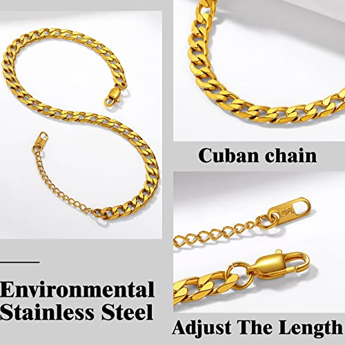 Richsteel Anklets for Women Cuban/Figaro/Spiga Wheat Chain Stainless Steel/18K Gold Plated Ankle Bracelet Beach Waterproof Foot Jewelry - color: 02-Gold Plated Cuban