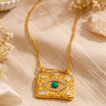 Evil Eye Necklace For Women - 18K Gold Plated Stainless Steel Celestial Moon North Star Eye CZ Gemstone Pendant - Waterproof - Anti-tarnish - Protection Jewelry Gift - style: Rectangle Evil Eye