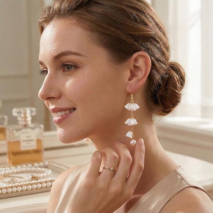 Kruckel Long Dangle Earrings for Women, White Floral Pearl-Inspired | Pearl Drop Earrings, Lightweight Gold-Tone Jewelry for Weddings, Parties, Bridesmaids, Birthdays and Occasion Gifts - color: White Gold D