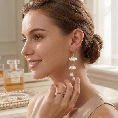 Kruckel Long Dangle Earrings for Women, White Floral Pearl-Inspired | Pearl Drop Earrings, Lightweight Gold-Tone Jewelry for Weddings, Parties, Bridesmaids, Birthdays and Occasion Gifts - color: White Gold D