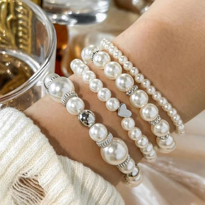 Pearl Bracelets for Women Simulated Pearl Beaded Bracelet White Pearls Stackable Stretch Bracelet Set Multilayered Elastic Pearls Bracelets for Women Bridesmaid Bridal Jewelry - color: silver