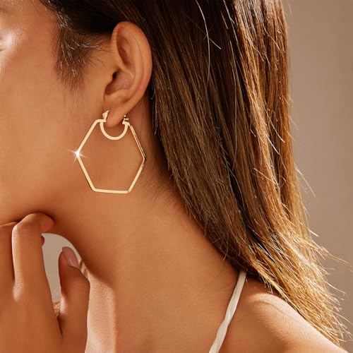 Large Gold Knot Hoop Earrings for Women 18K Gold Hoop Earrings Statement Lightweight Hoops Trendy Gold Hoops Earrings Jewelry - color: C-Hexagon Big Hoop Earrings