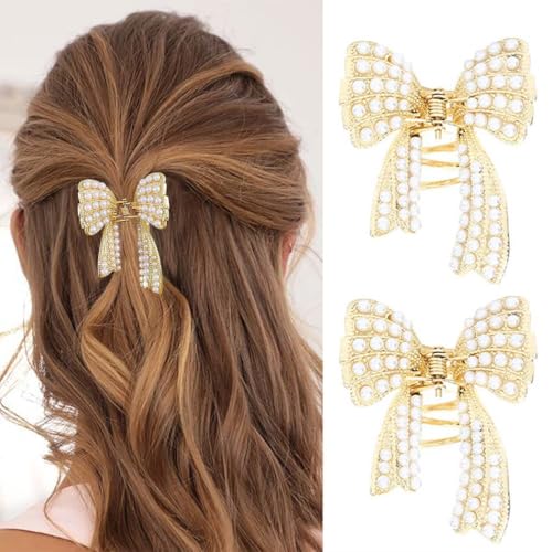 CAKURE Bow Claw Clips Gold Hair Clips Hair Accessories for Women | 2 PCS Pearl Bow Hair Claw Clips for Thin Hair Cute Small Claw Jaw Clips Daily Prom Wedding