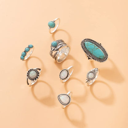 Airvess Vintage Knuckle Rings Set, Chunky Turquoise Stackable Rings, Silver Joint Finger Stacking Rings, Bohemian Western Jewelry for Women - style: 8 Pcs