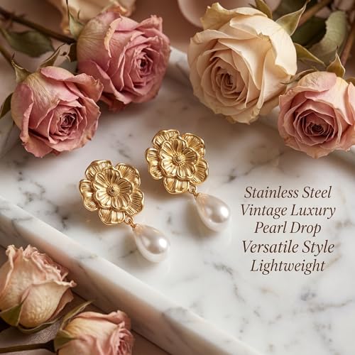 Chunky Gold Plated Flower Statement Drop Earrings for Women | Hypoallergenic 18K Gold Plated Textured Petal Wing, Large Statement Dangle Earrings for Wedding Party - color: Sunflower Pearl